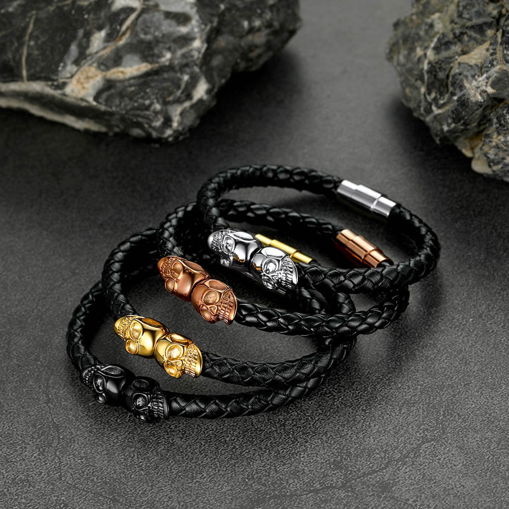 Flash Sale Black Braided Leather Bracelet With Skull for Men