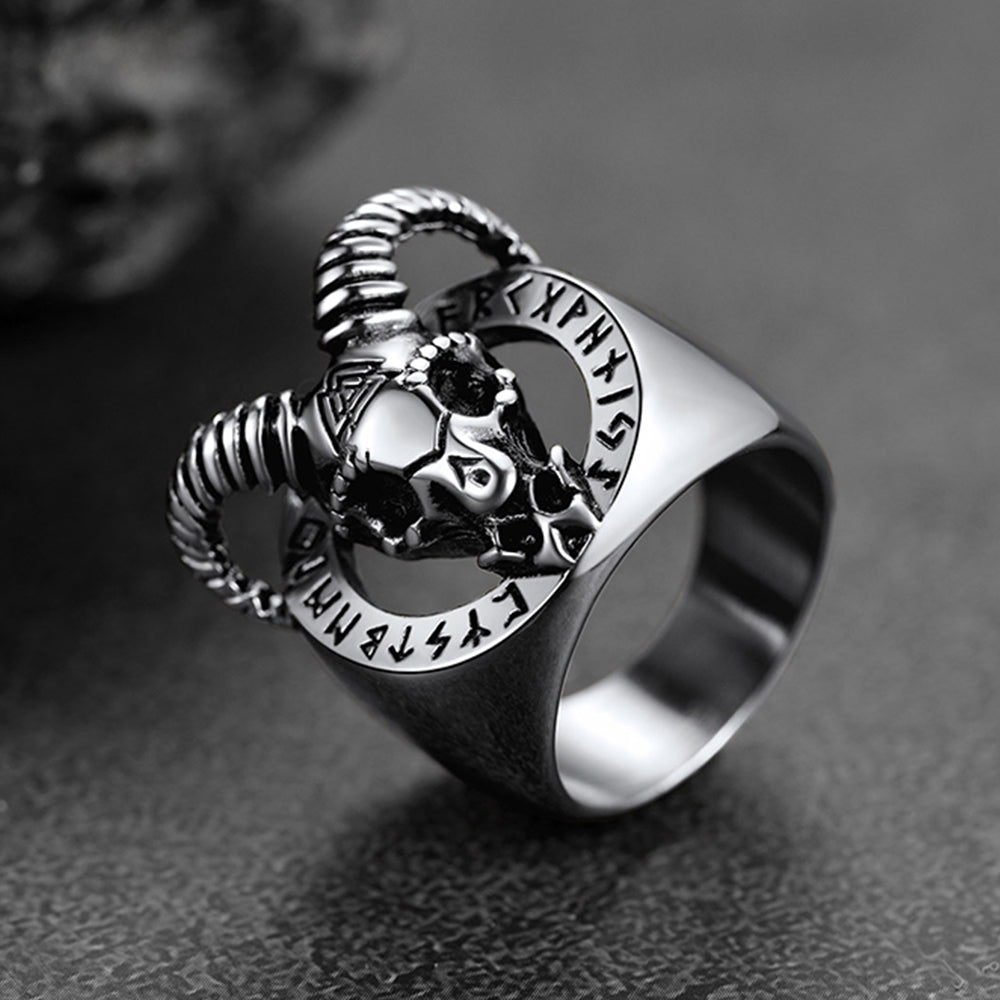 Satanic Goat Skull Ring With Viking Runes For Men
