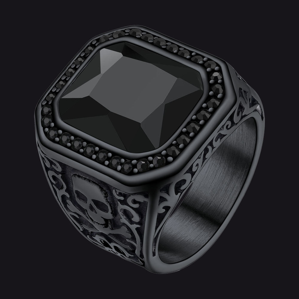Gothic Black Onyx Signet Ring with Skull for Men