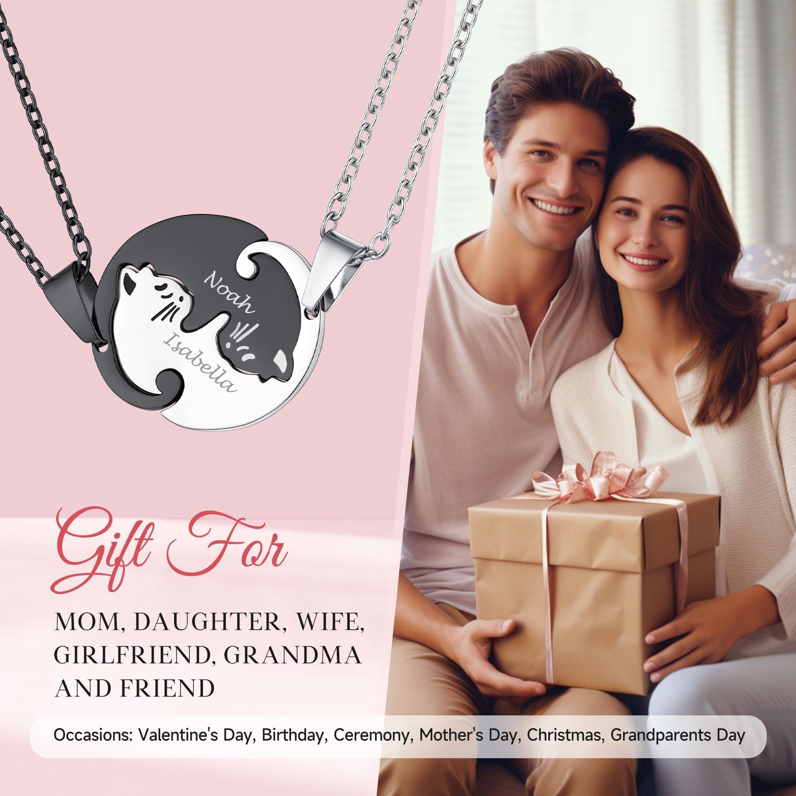 Custom Cat Matching Puzzle Necklace Engraved 2 Names Gift For Couple Girlfriend