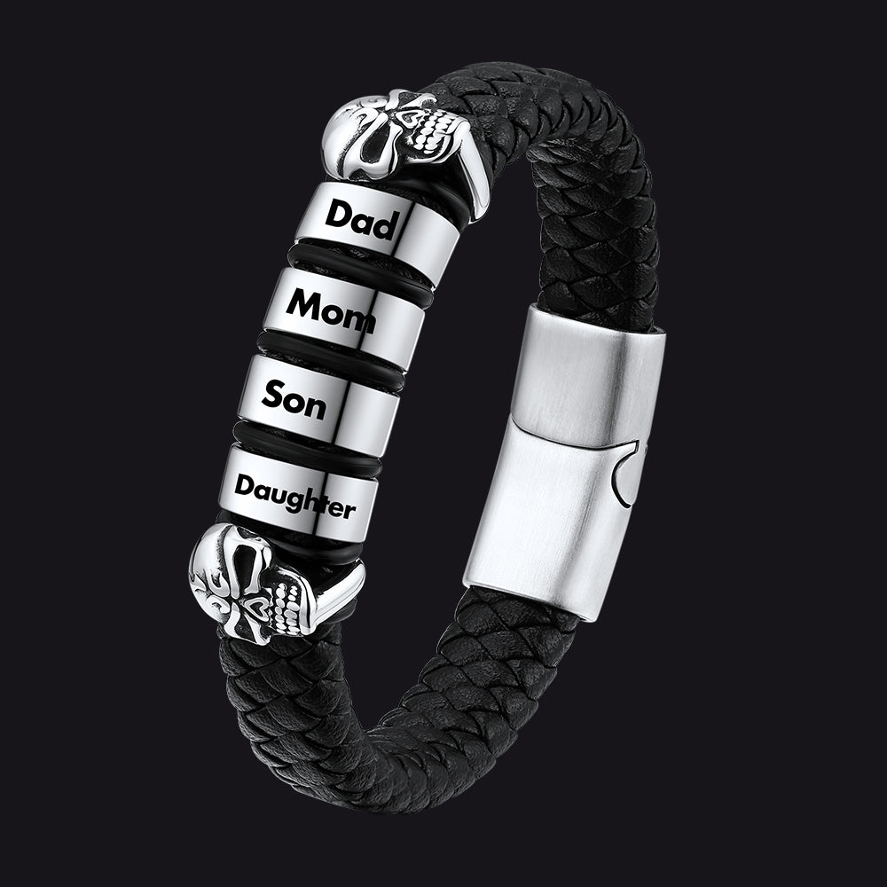 Personalized Name Beads Leather Bracelet with Skull for Men