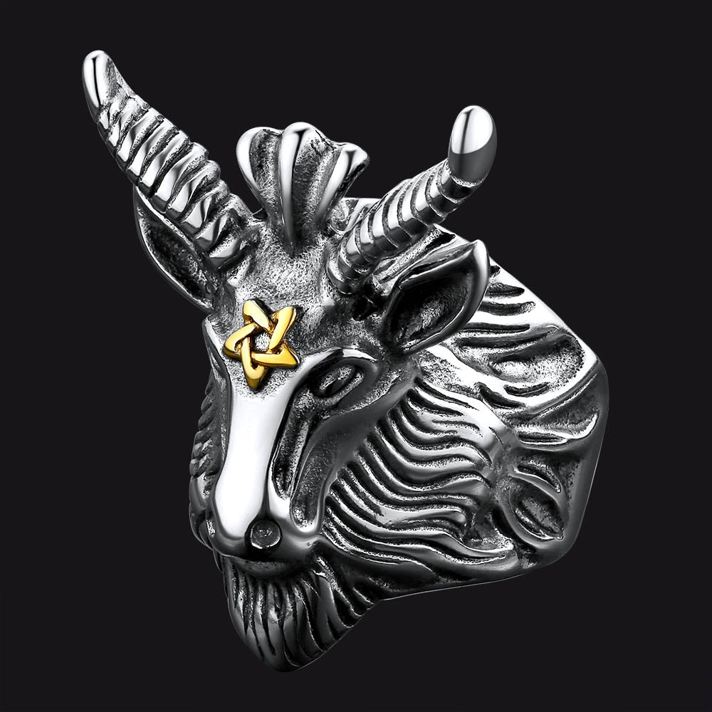 Satanic Baphomet Goat Ring For Men With Pentagram