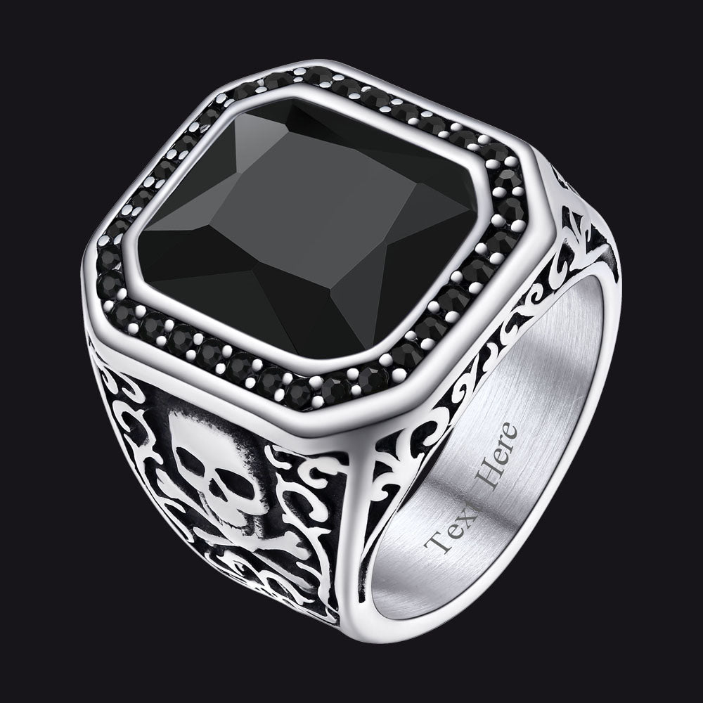 Gothic Black Onyx Signet Ring with Skull for Men