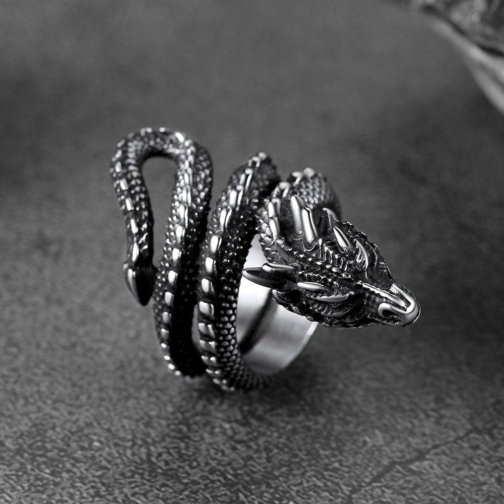Punk Coiled Dragon Stainless Steel Ring for Men Women
