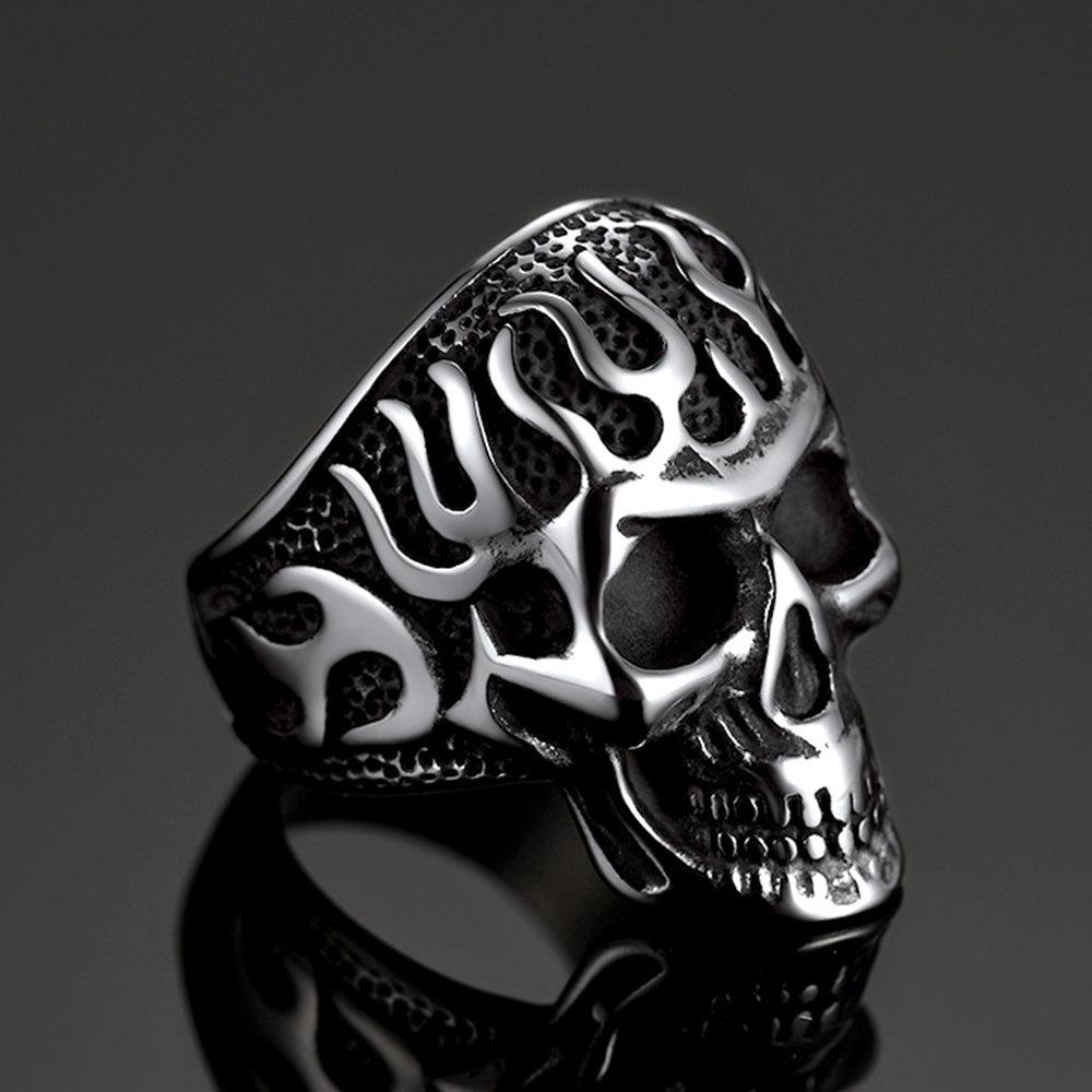 Gothic Fire Flaming Skull Stainless Steel Ring For Men