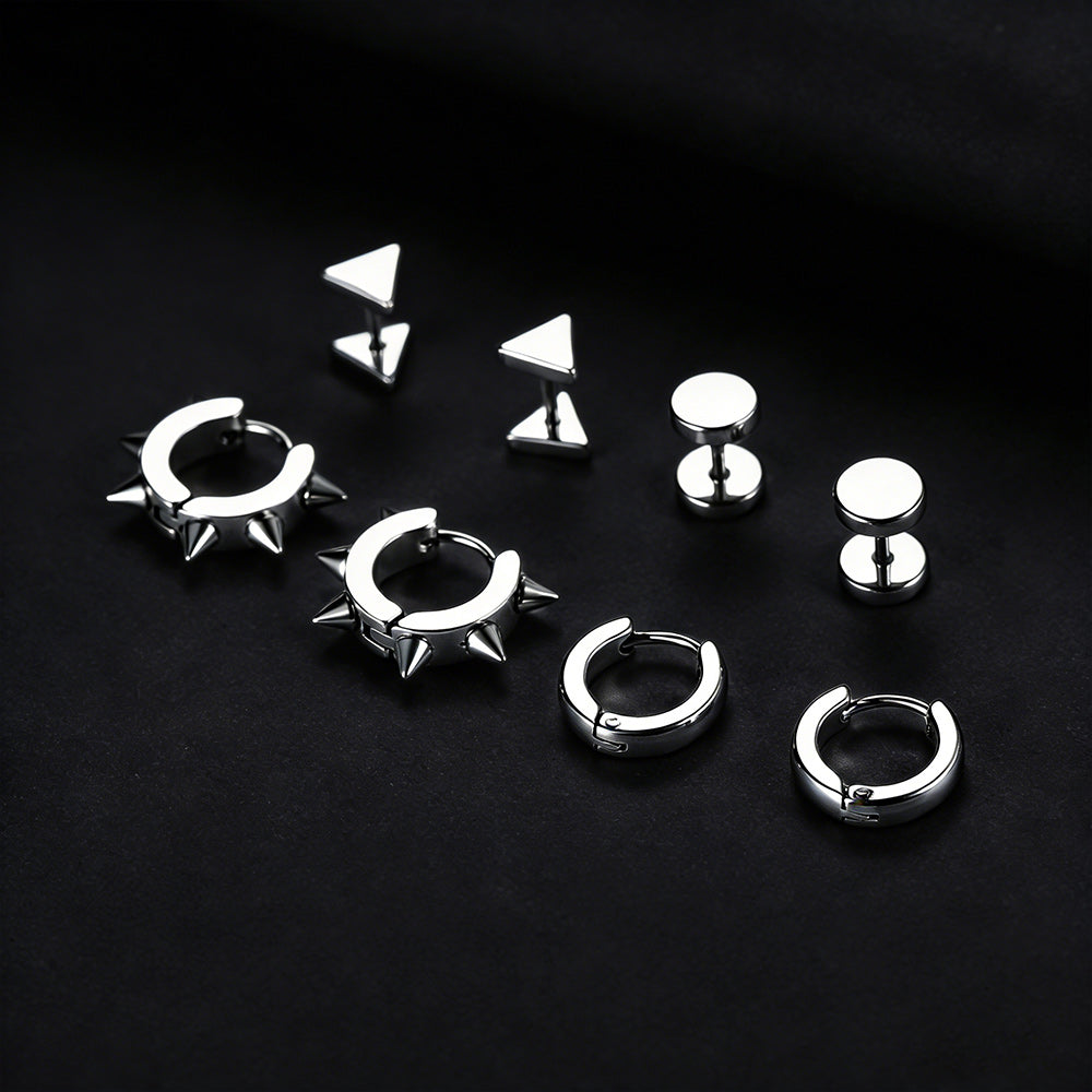 4Pcs Rivets/Hoop/Stud/Triangle Earrings Set for Men