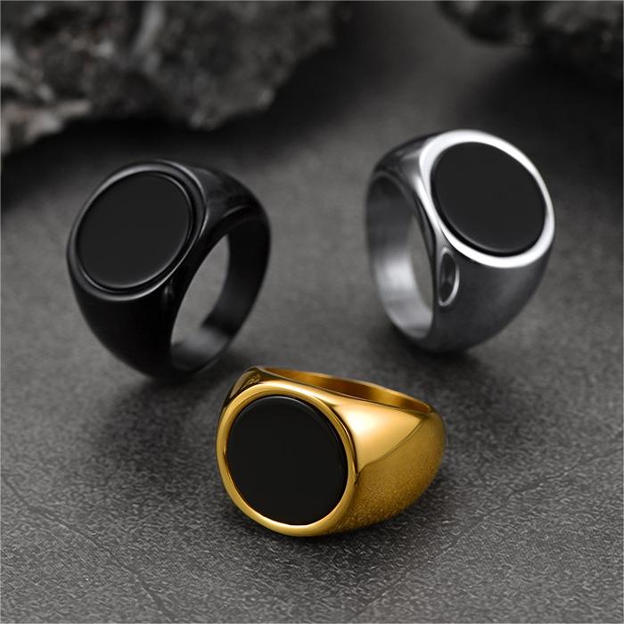 Round Black Onyx Signet Ring for Men Stainless Steel