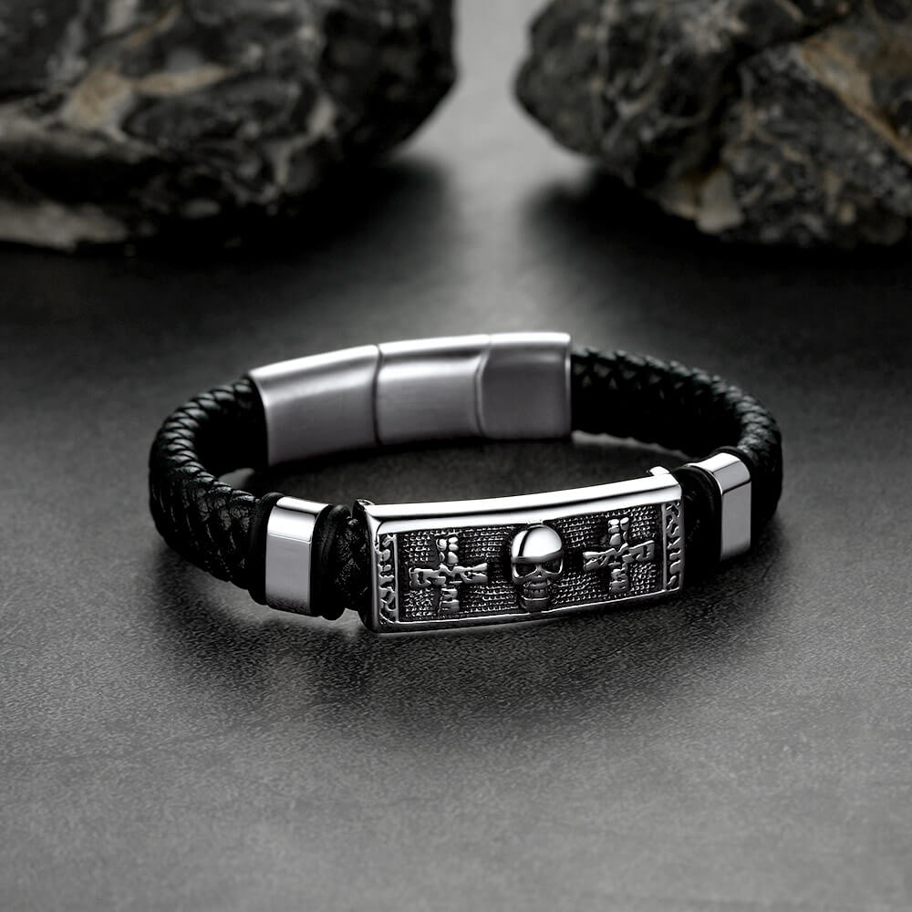 Gothic Black Skull Braided Leather Bracelet For Men Son Grandson