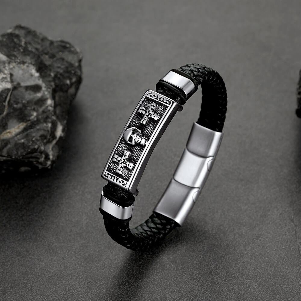 Gothic Black Skull Braided Leather Bracelet For Men Son Grandson