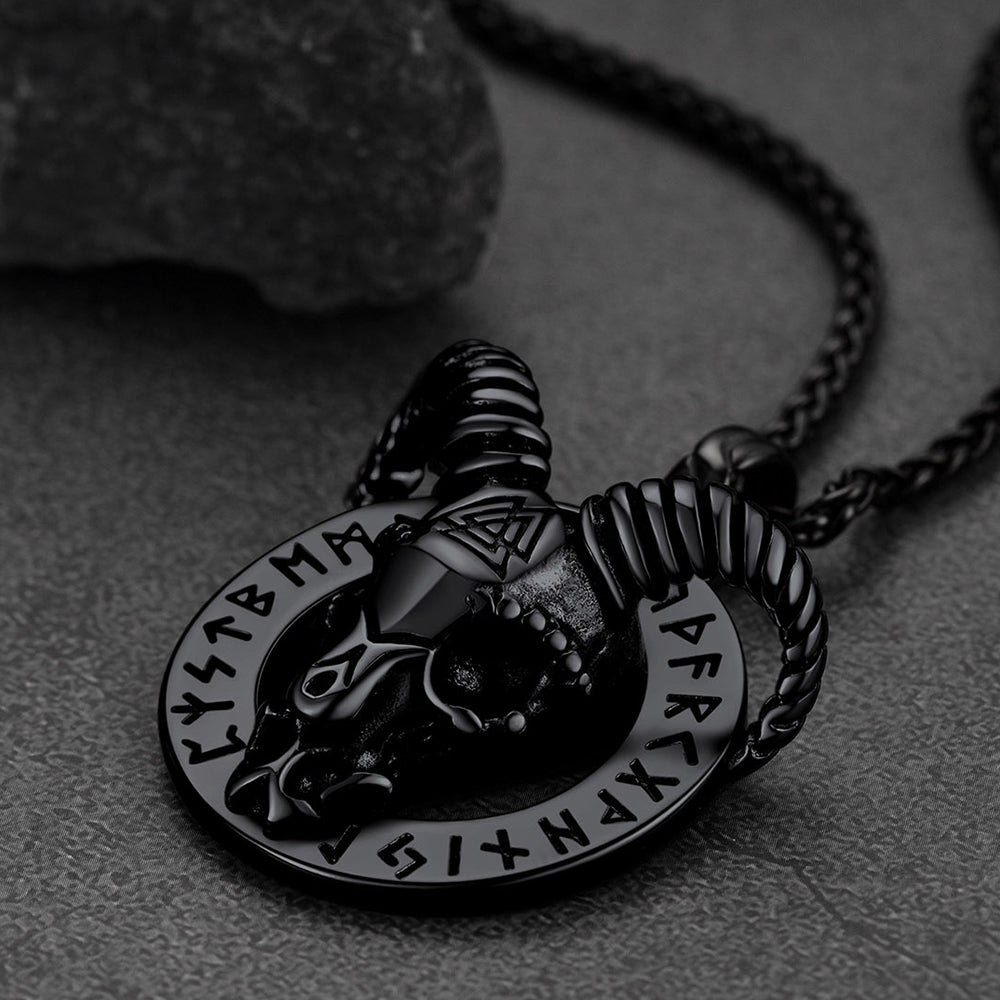Baphomet Satanic Goat Necklace With Viking Runes for Men