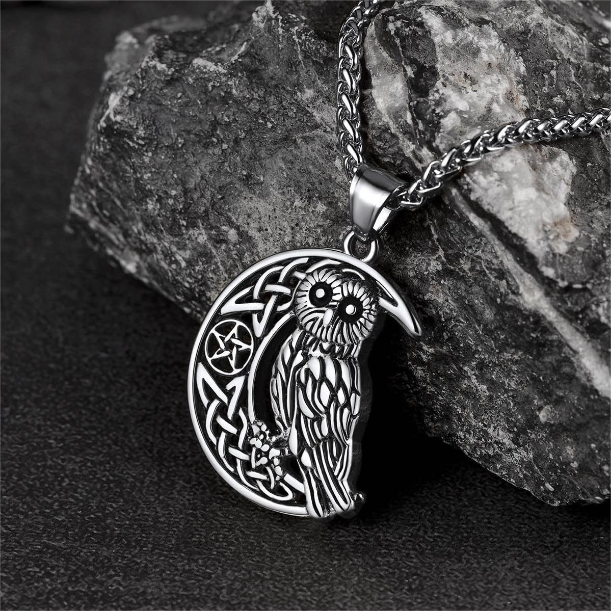 Viking Celtic Crescent Moon Owl Necklace for Men