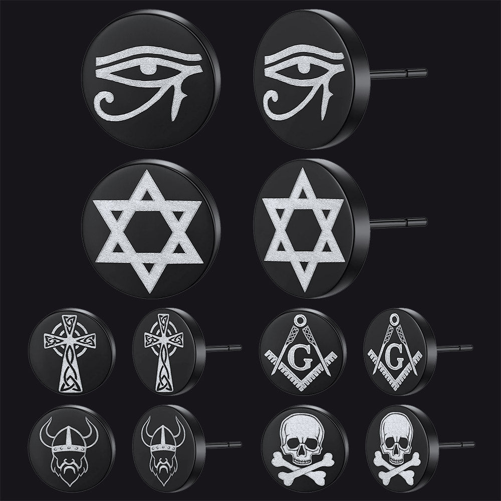 Religious Black Stud Earrings Set for Men 6 Pairs