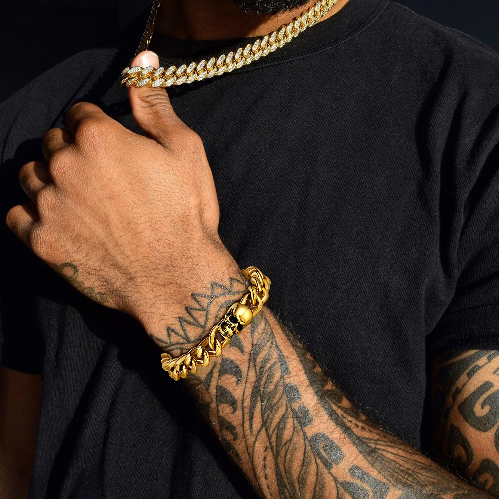Gothic Heavy Cuban Chain Skull Bracelet For Men in Stainless Steel