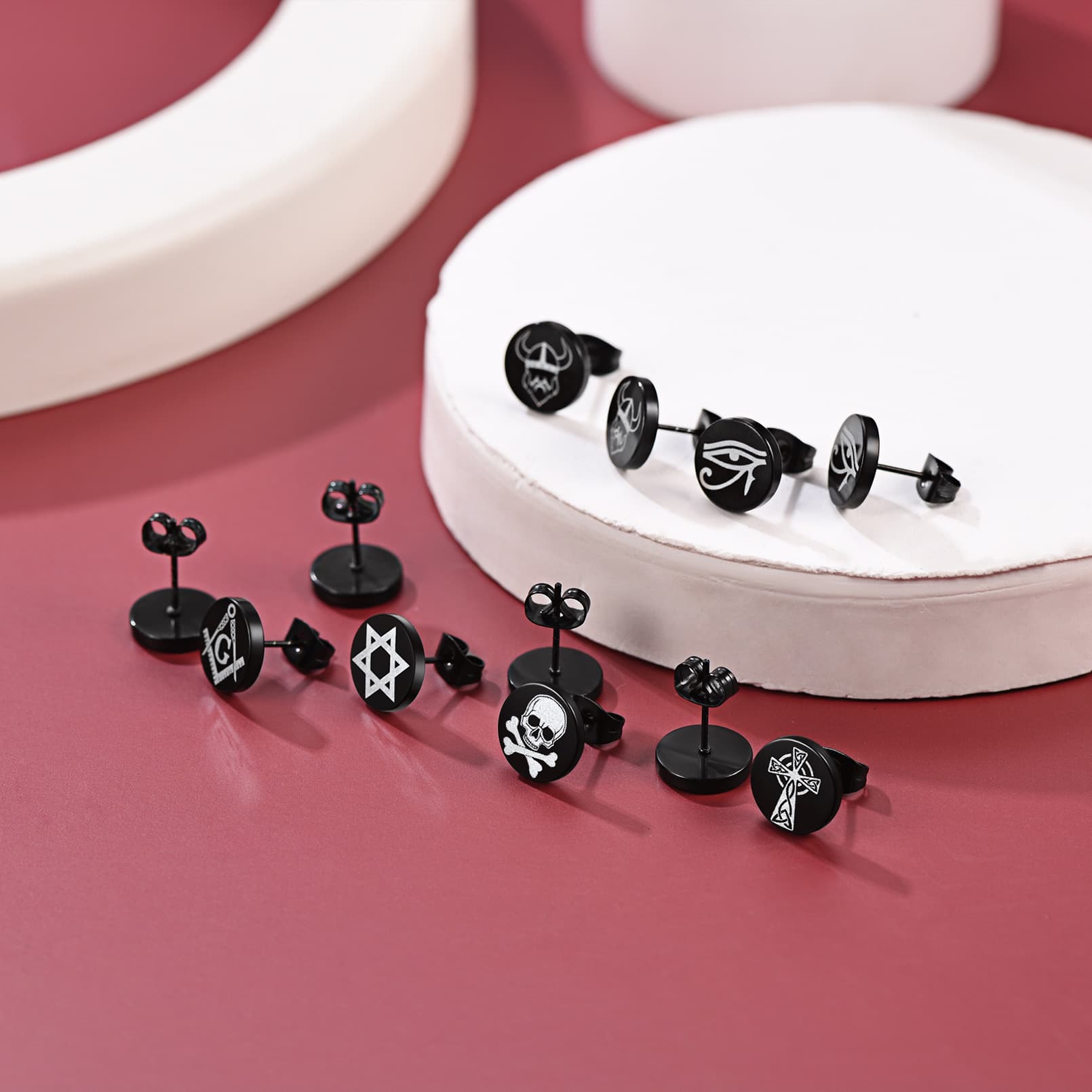 Religious Black Stud Earrings Set for Men 6 Pairs