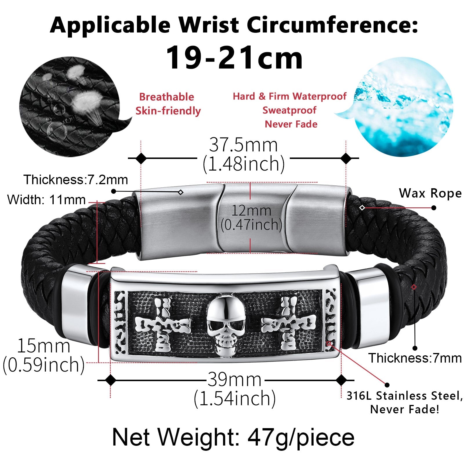 Gothic Black Skull Braided Leather Bracelet For Men Son Grandson