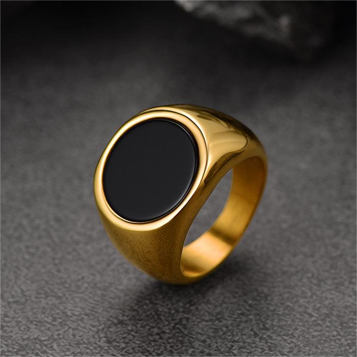 Round Black Onyx Signet Ring for Men Stainless Steel