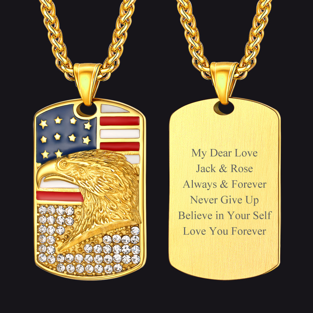 Engraved American Flag Eagle Dog Tag Necklace for Men Women