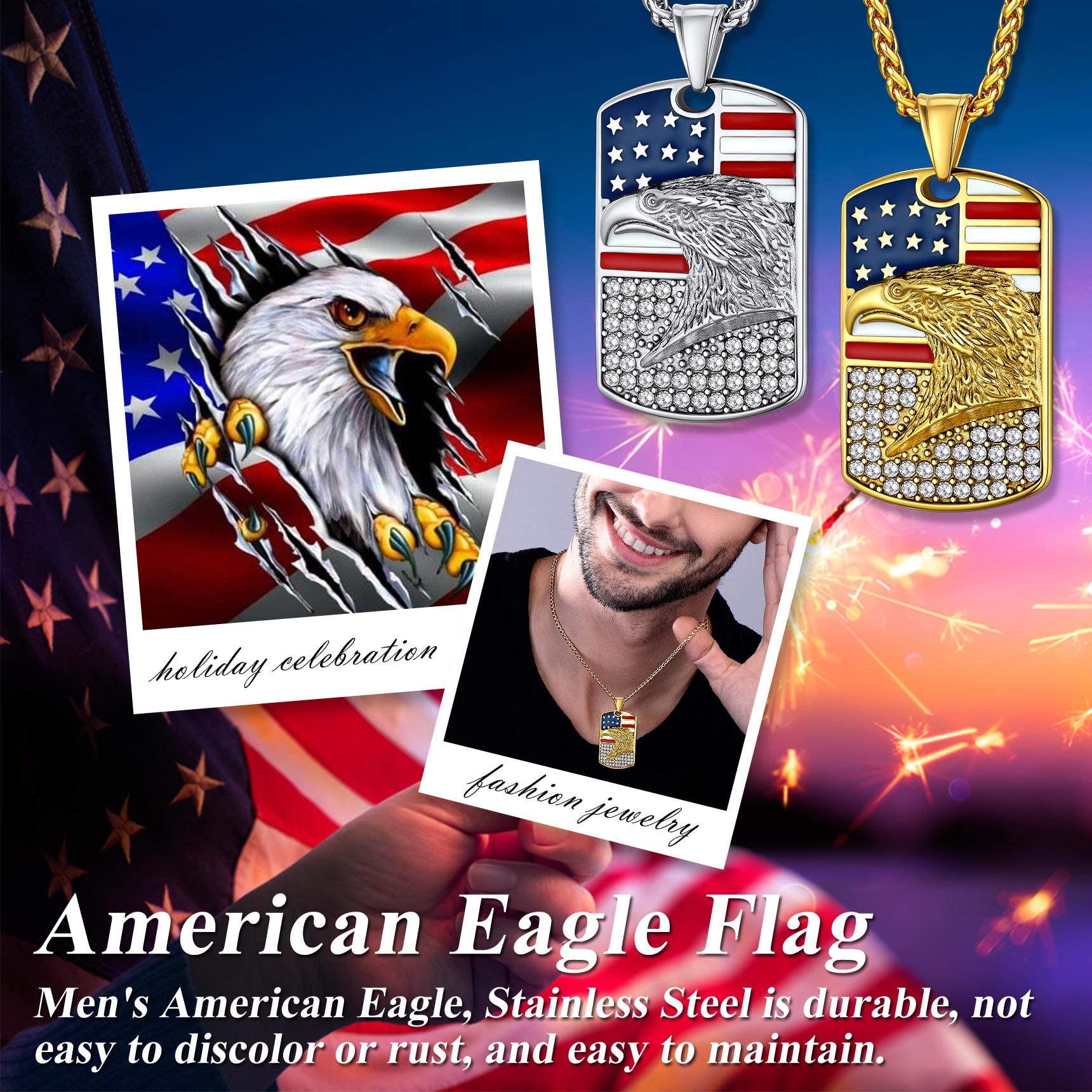 Engraved American Flag Eagle Dog Tag Necklace for Men Women