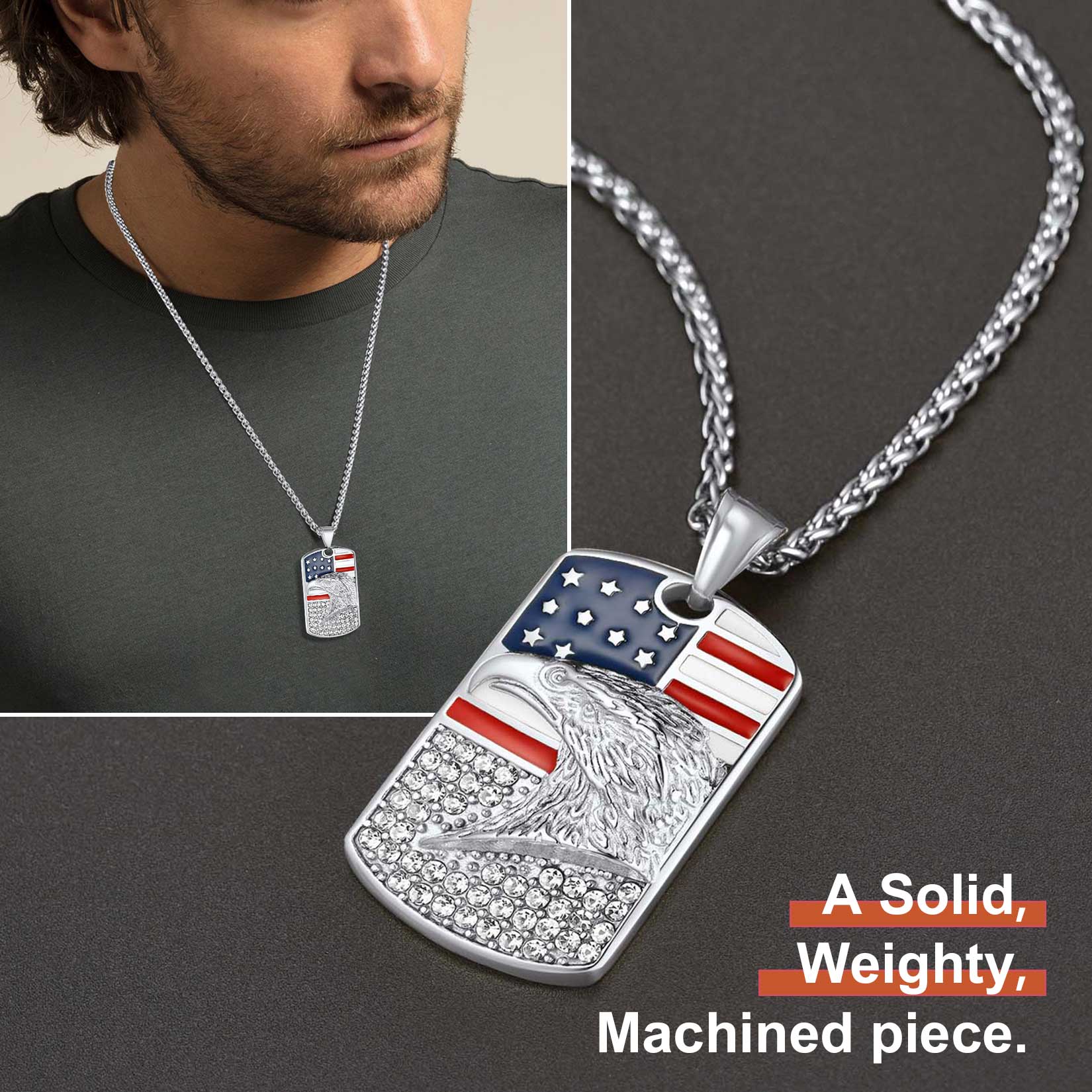 Engraved American Flag Eagle Dog Tag Necklace for Men Women