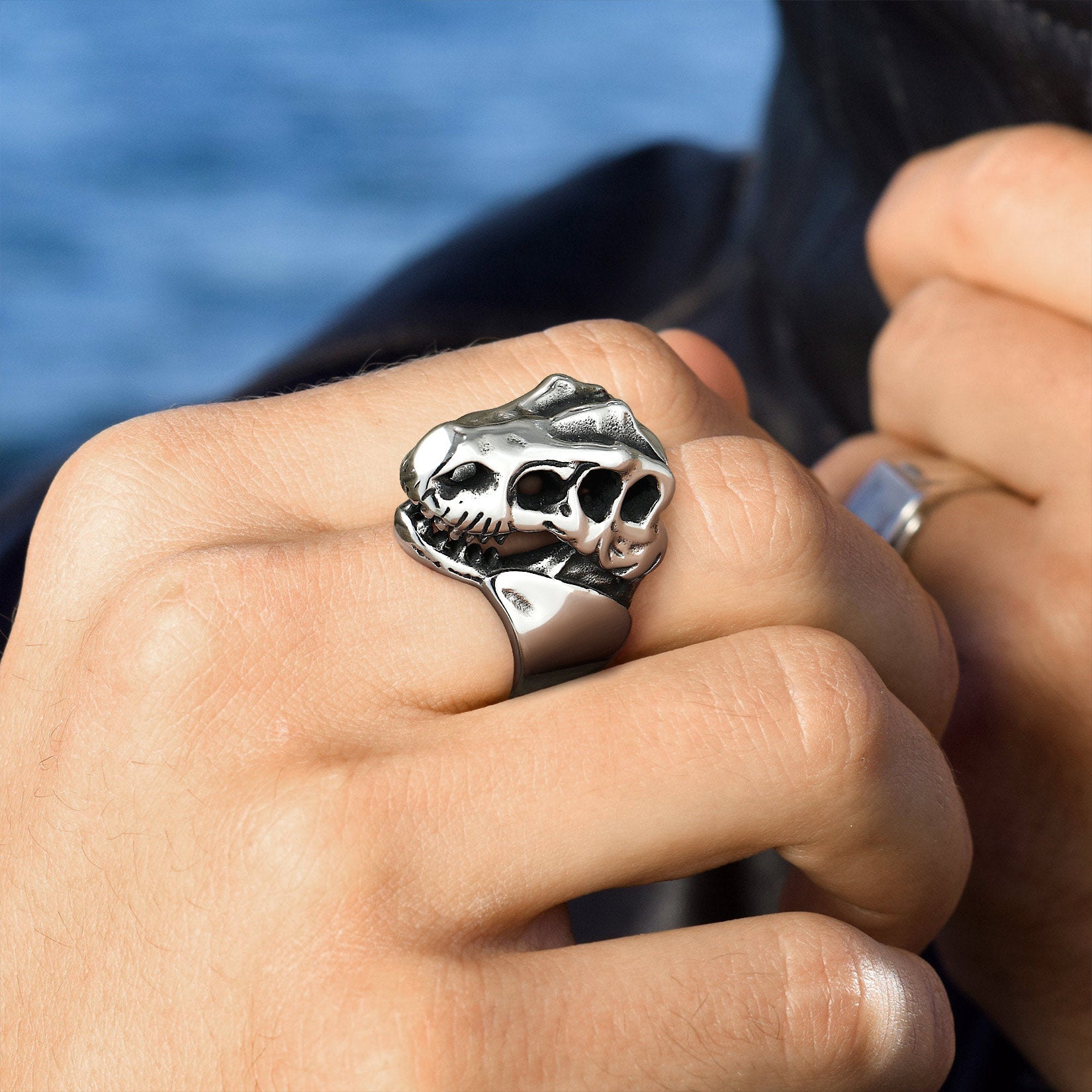 Biker Animal Chunky Dinosaur Head Stainless Steel Ring for Men