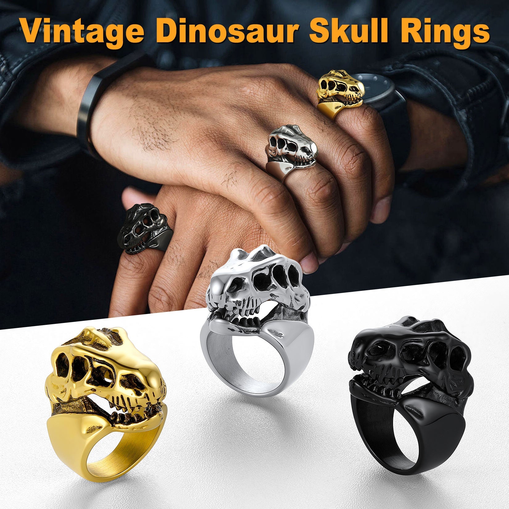 Biker Animal Chunky Dinosaur Head Stainless Steel Ring for Men