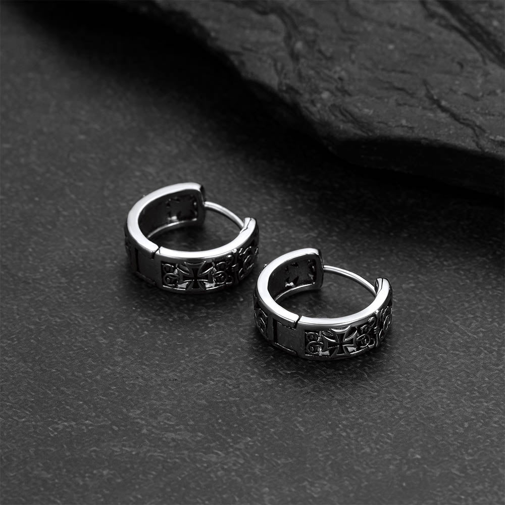 Antique-Finish Iron Cross Motif Hoop Earrings for Men Husband Gift
