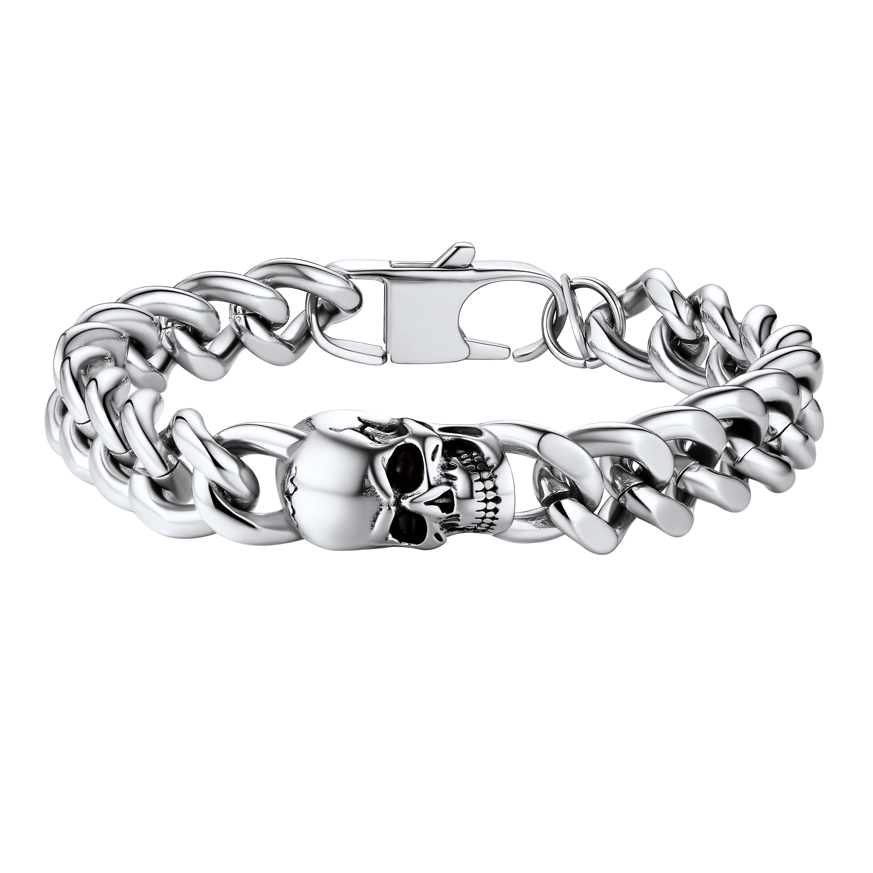 Gothic Heavy Cuban Chain Skull Bracelet For Men in Stainless Steel