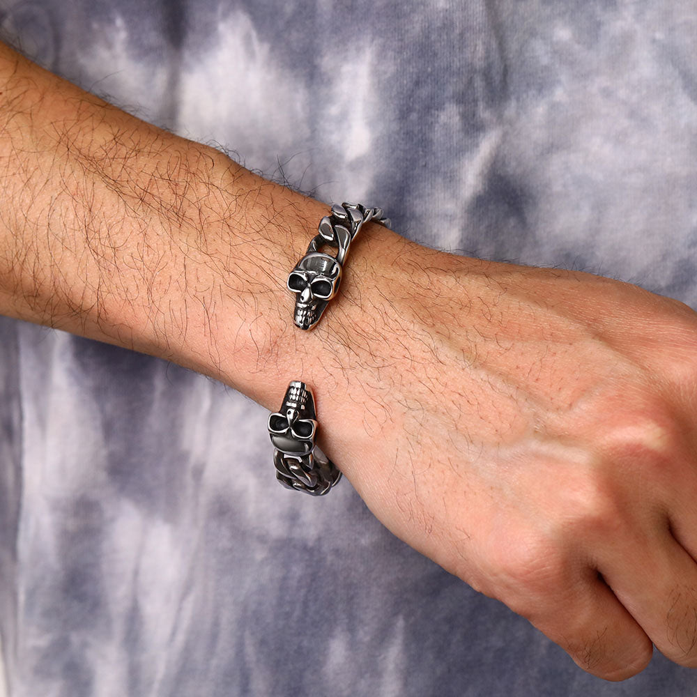 Halloween Gothic Skull Skeleton Head Cuban Chain Bracelet Cuff for Men
