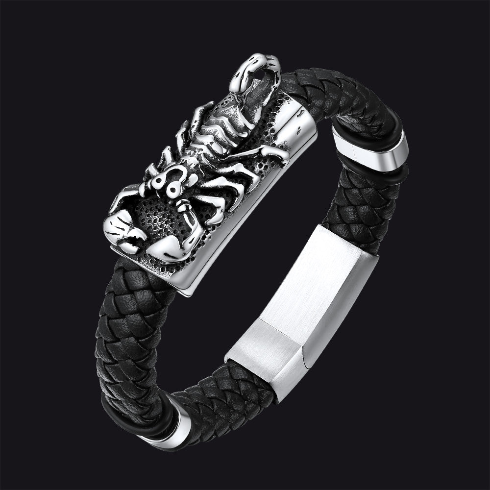 Punk Scorpion Black Braided Leather Bracelet Bangle Gift for Men Son Grandson
