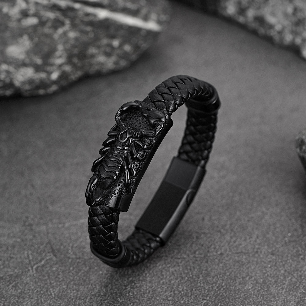Punk Scorpion Black Braided Leather Bracelet Bangle Gift for Men Son Grandson