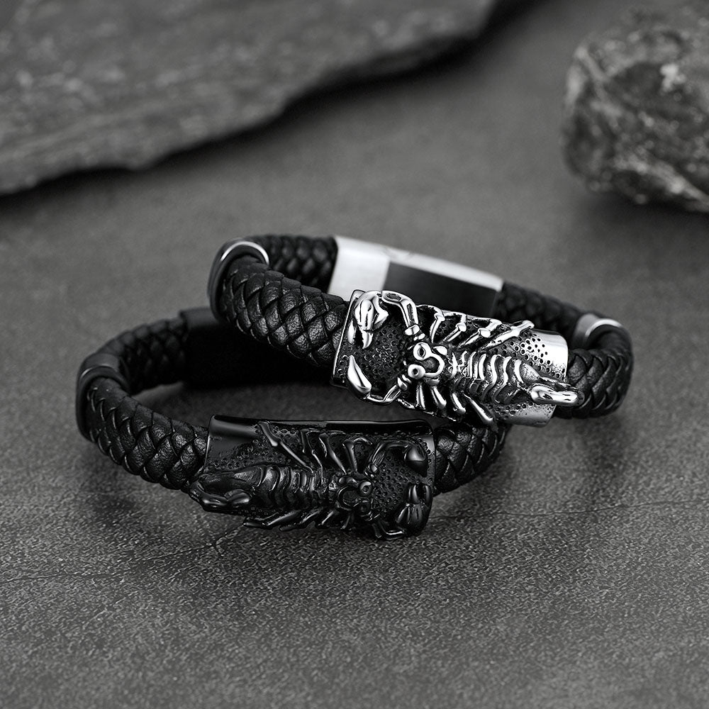 Punk Scorpion Black Braided Leather Bracelet Bangle Gift for Men Son Grandson