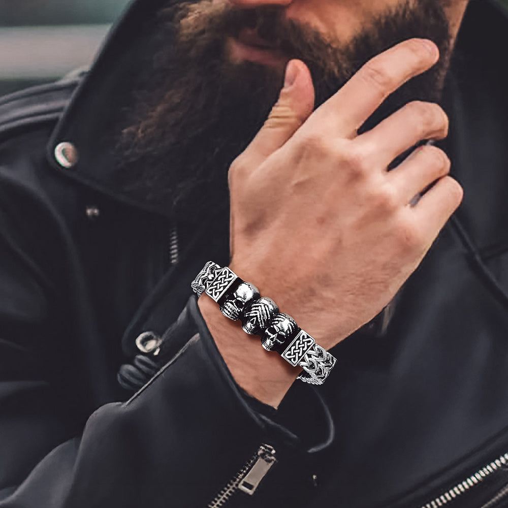Halloween Gothic Skull Chain Bracelet For Men with Celtic Knot in Stainless Steel