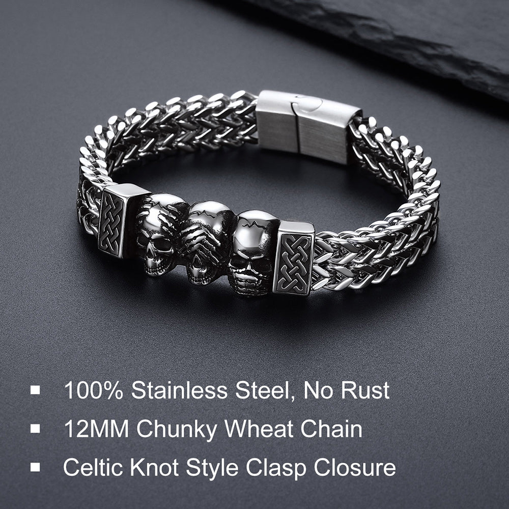 Halloween Gothic Skull Chain Bracelet For Men with Celtic Knot in Stainless Steel