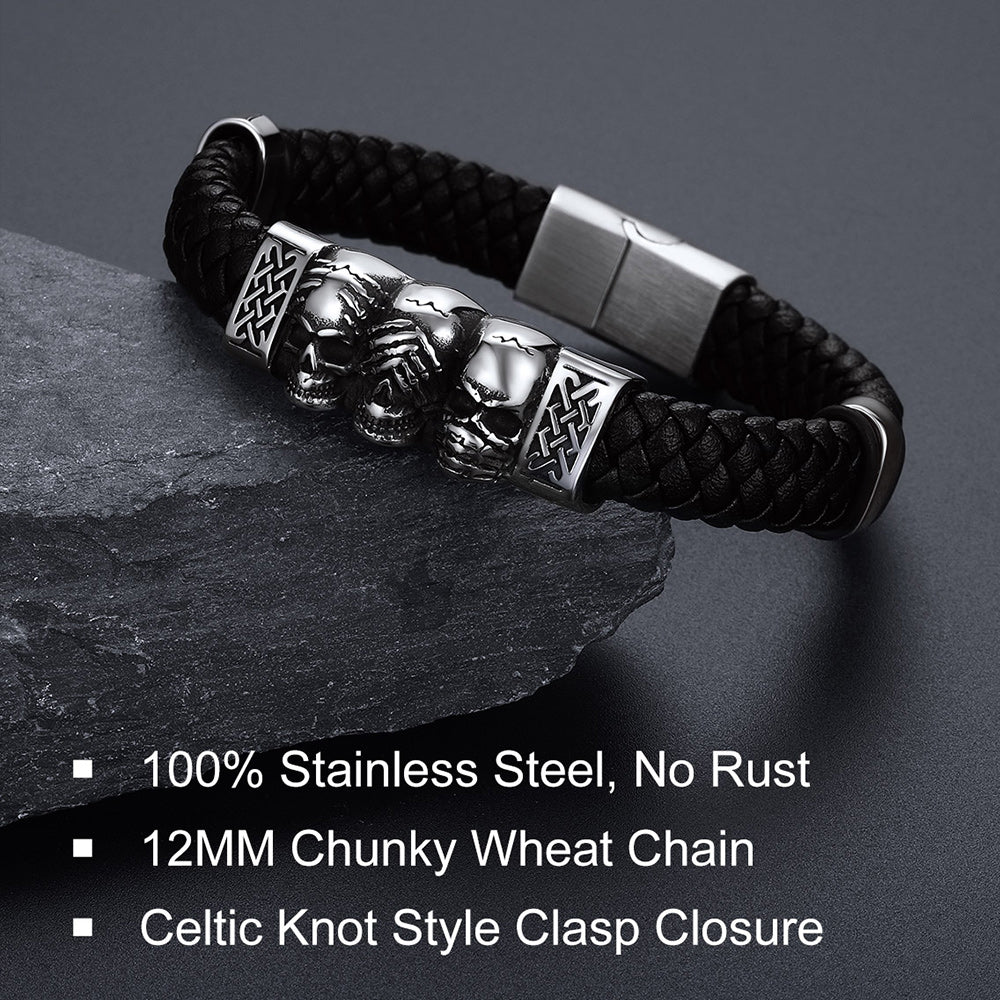 Gothic 3 Skull Braided Leather Bracelet Gift For Men Father Son Grandson