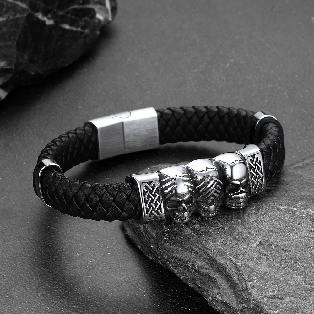 Gothic 3 Skull Braided Leather Bracelet Gift For Men Father Son Grandson