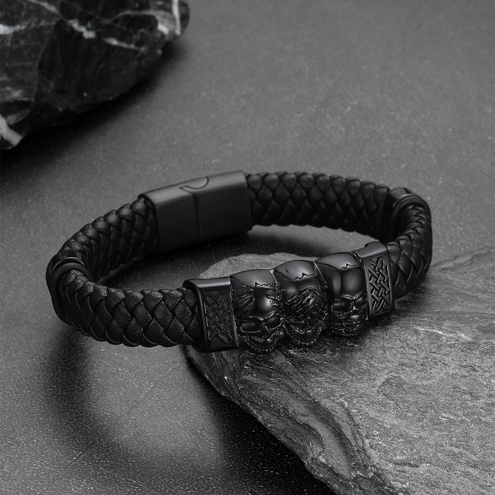 Gothic 3 Skull Braided Leather Bracelet Gift For Men Father Son Grandson
