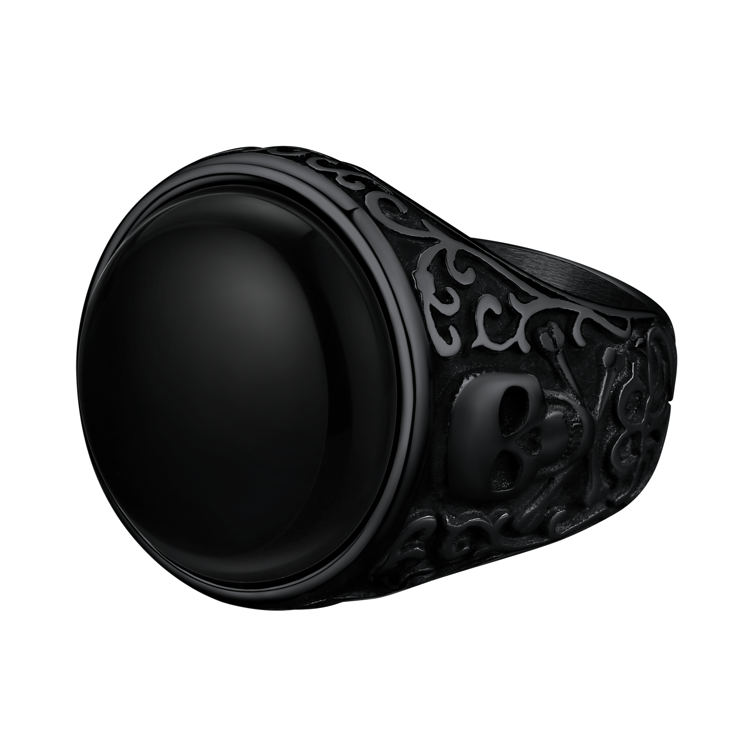 Gothic Black Onyx Signet Ring with Skull for Men