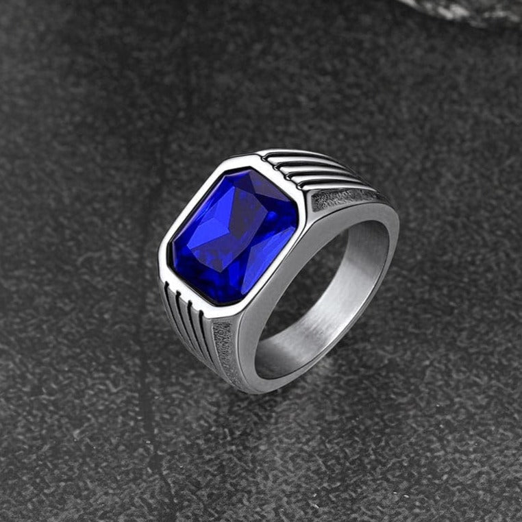 Stainless Steel Striped Stone Ring for Men, Size 7-14