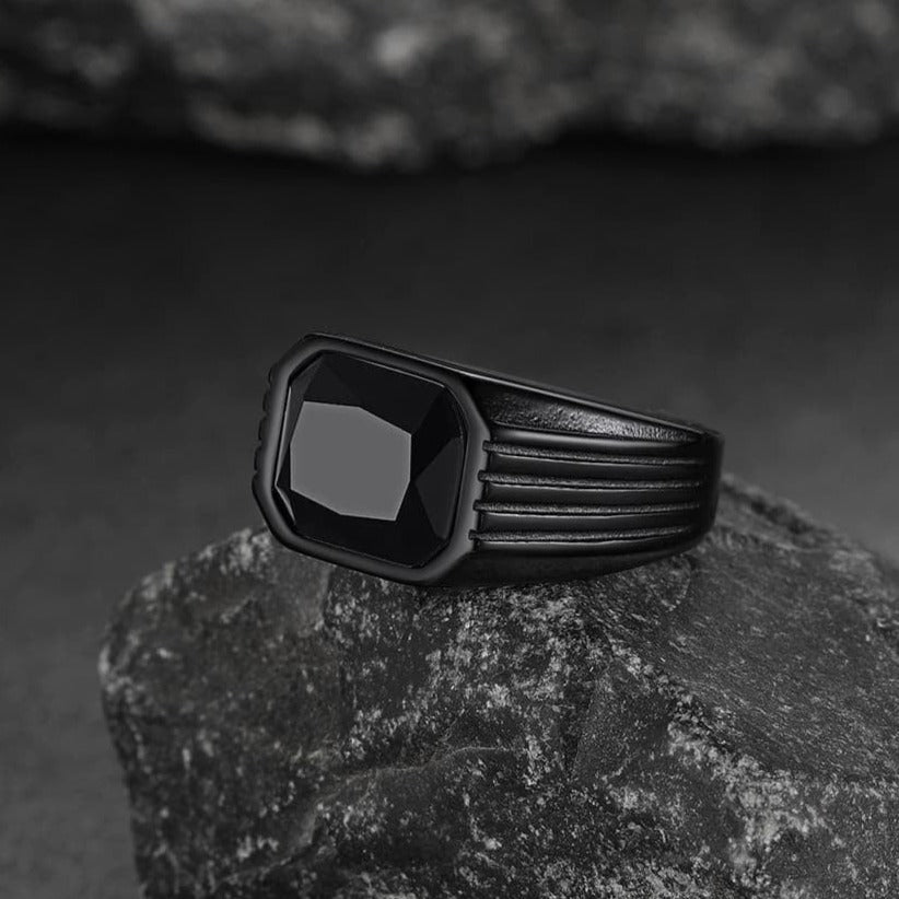 Stainless Steel Striped Stone Ring for Men, Size 7-14