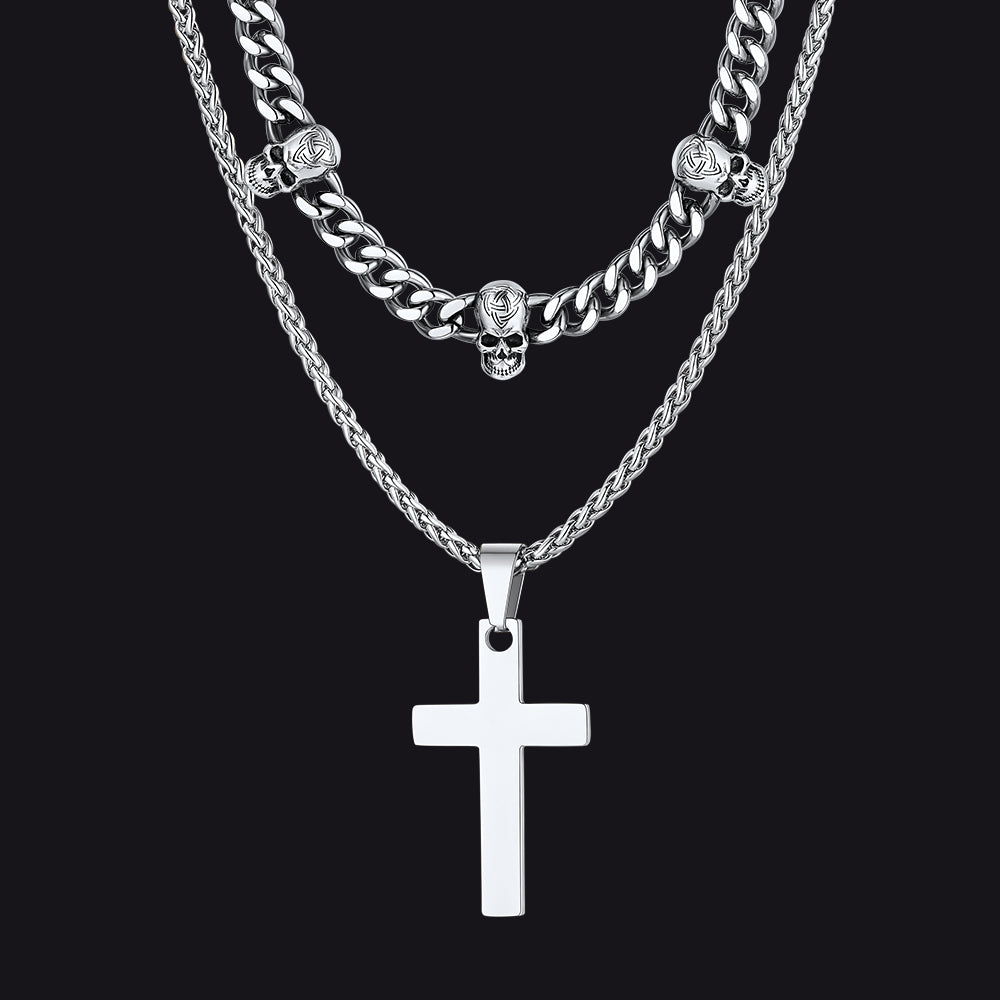 Gothic Skull Cuban Chain & Cross Layered Pendant Set for Men