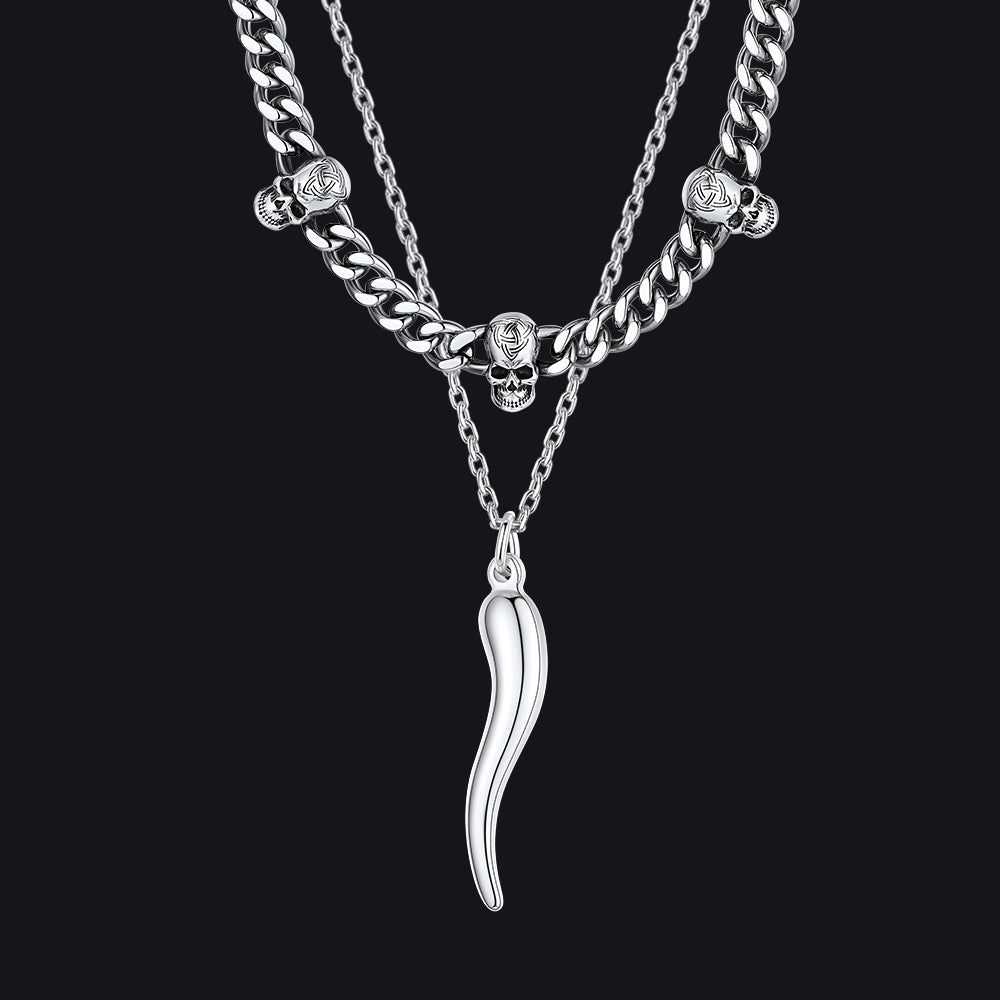Gothic Skull Cuban Chain & Cornicello Italian Horn Layered Pendant Set for Men