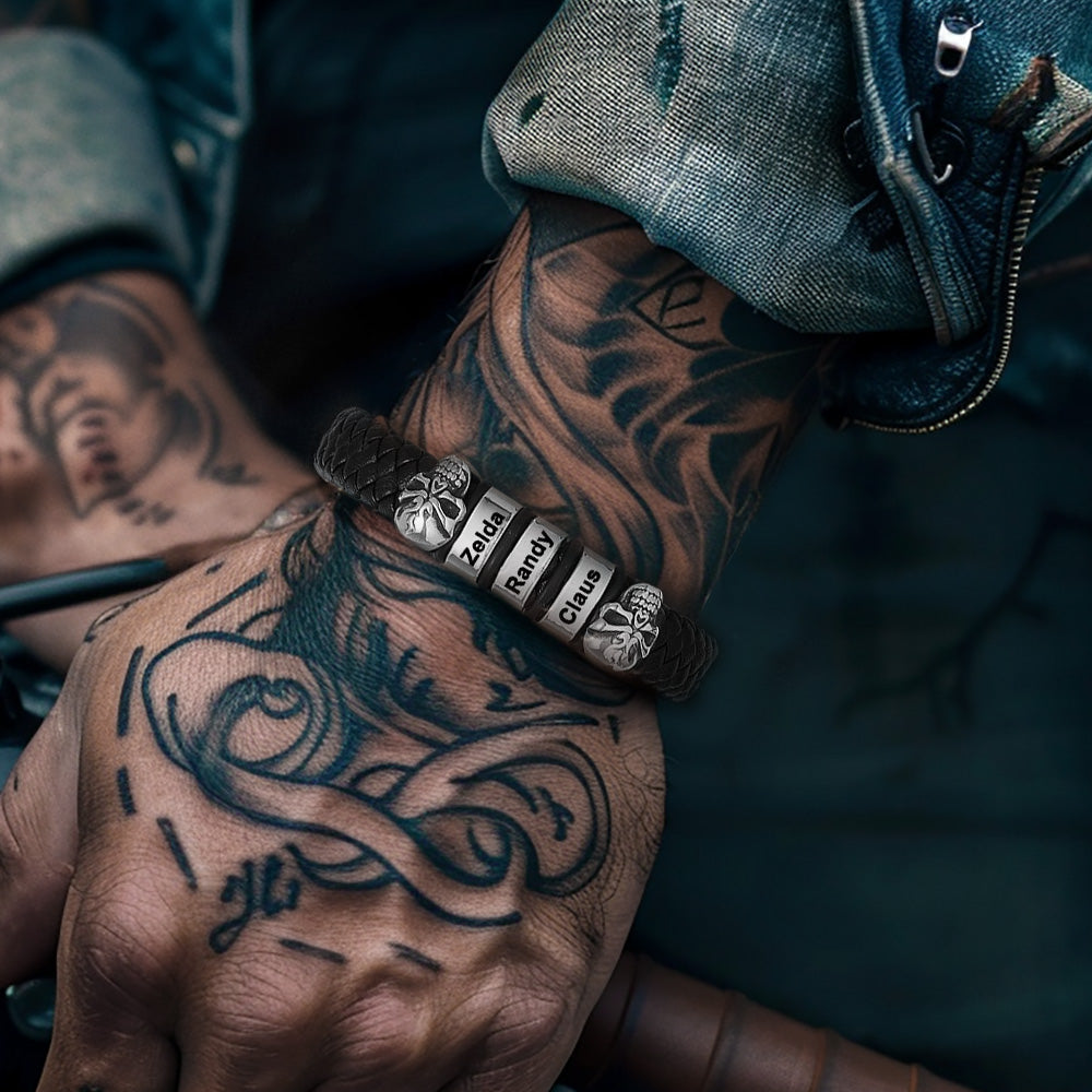 Personalized Name Beads Leather Bracelet with Skull for Men