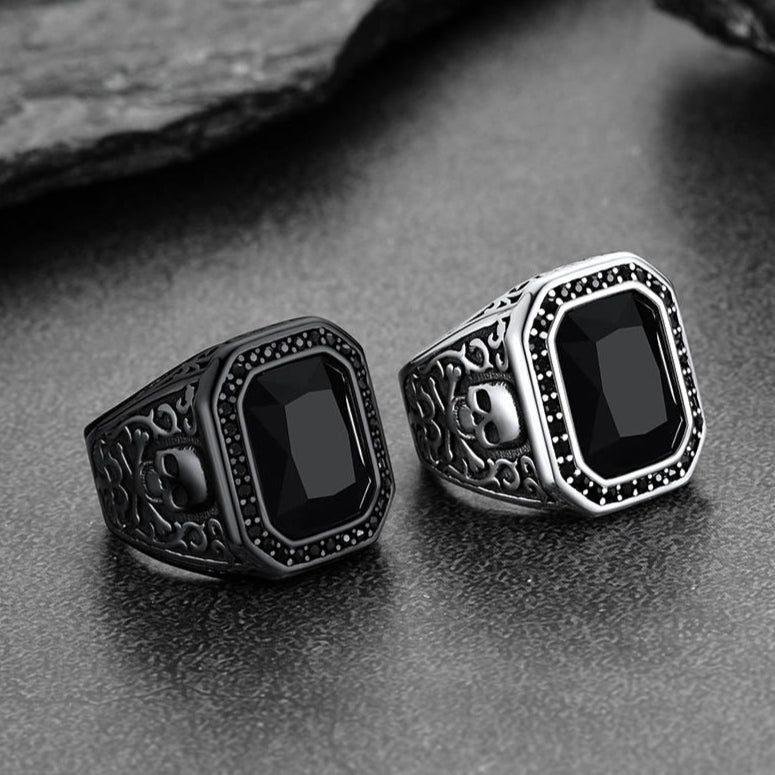 Gothic Skull Black Onyx Stone Signet Ring for Men