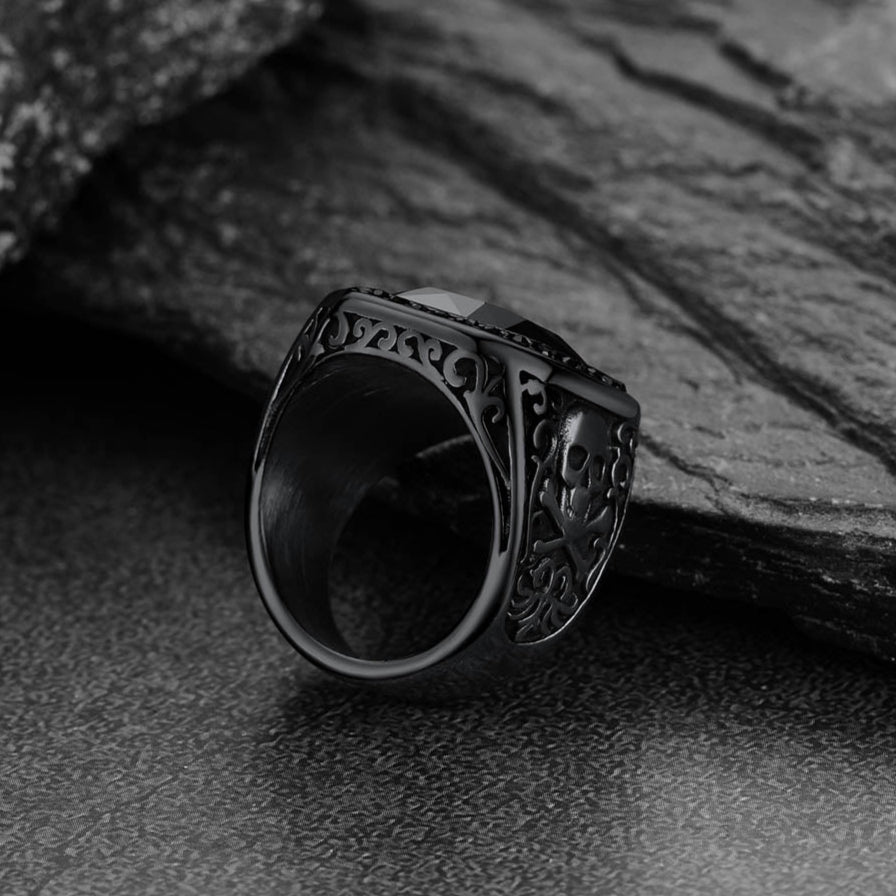 Gothic Skull Black Onyx Stone Signet Ring for Men
