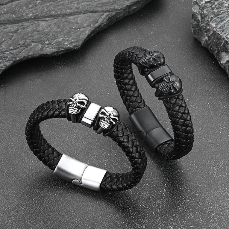 Personalized Name Beads Leather Bracelet with Skull for Men