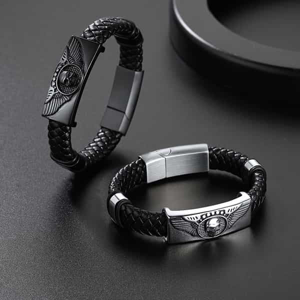 Black Braided Leather Bracelet Cuff with Skull Wing for Men Son