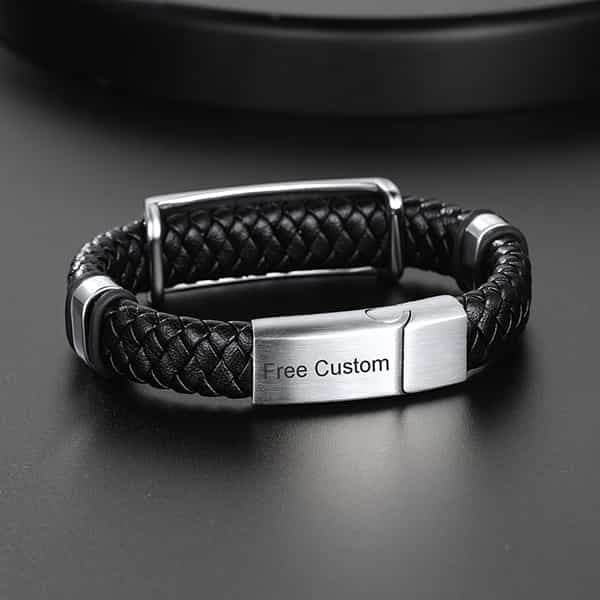 Black Braided Leather Bracelet Cuff with Skull Wing for Men Son