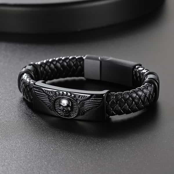 Black Braided Leather Bracelet Cuff with Skull Wing for Men Son