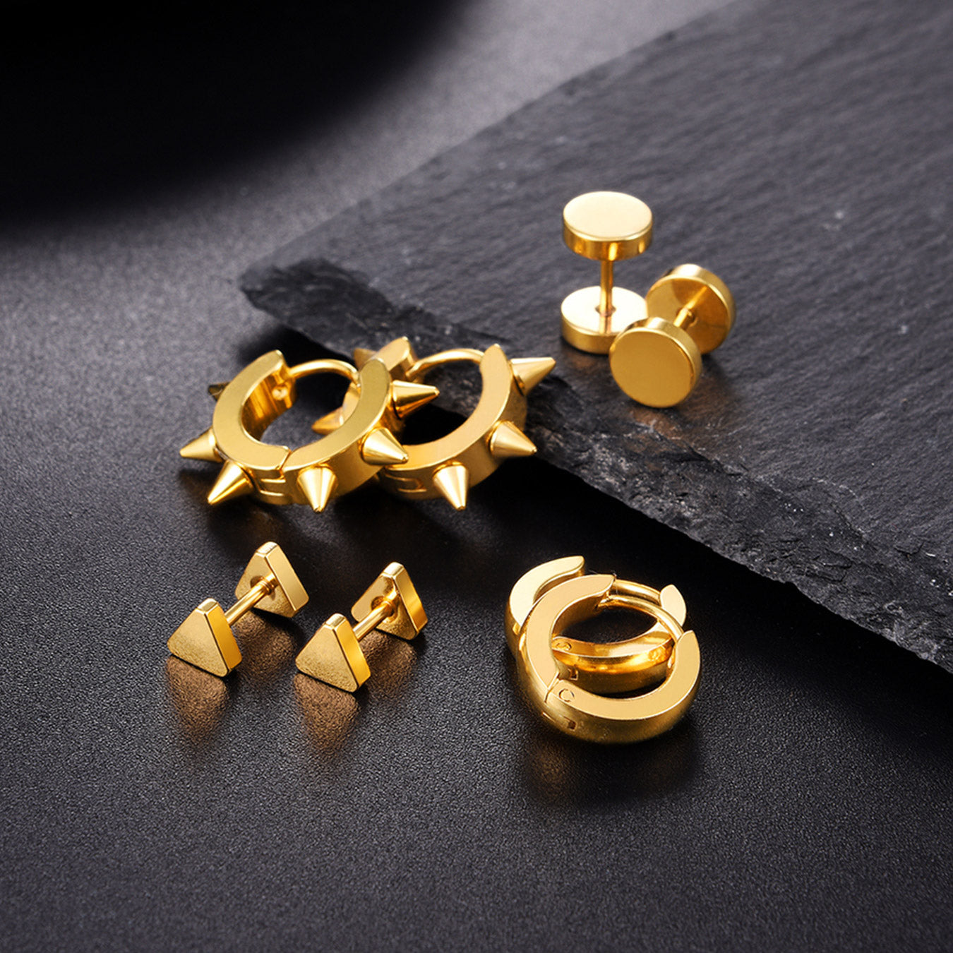 4Pcs Rivets/Hoop/Stud/Triangle Earrings Set for Men