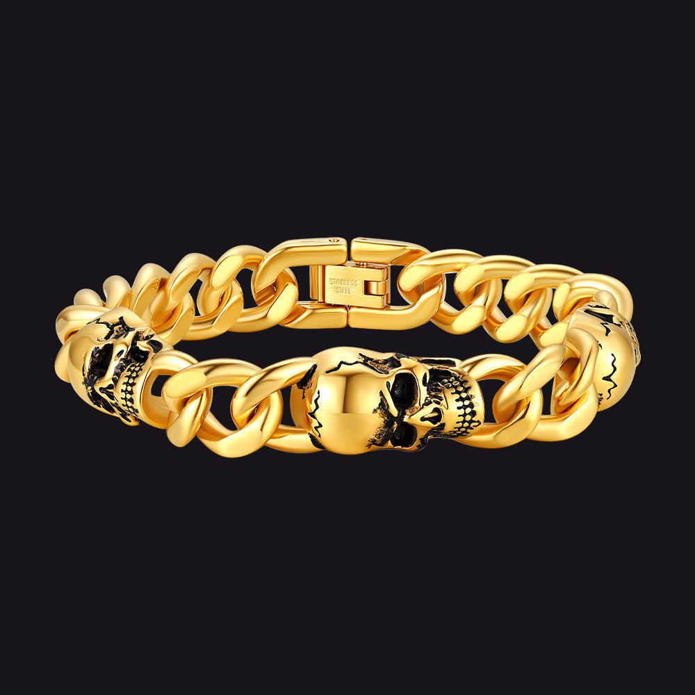 Gothic Skull Thick Cuban Chain Link Bracelet Halloween Gift for Men